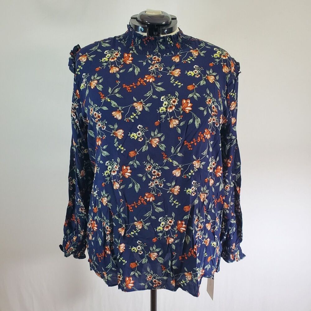 Bloomchic Blouse Women's 2X Blue Colorful Floral Mock Neck Long Sleeve Plus NWT